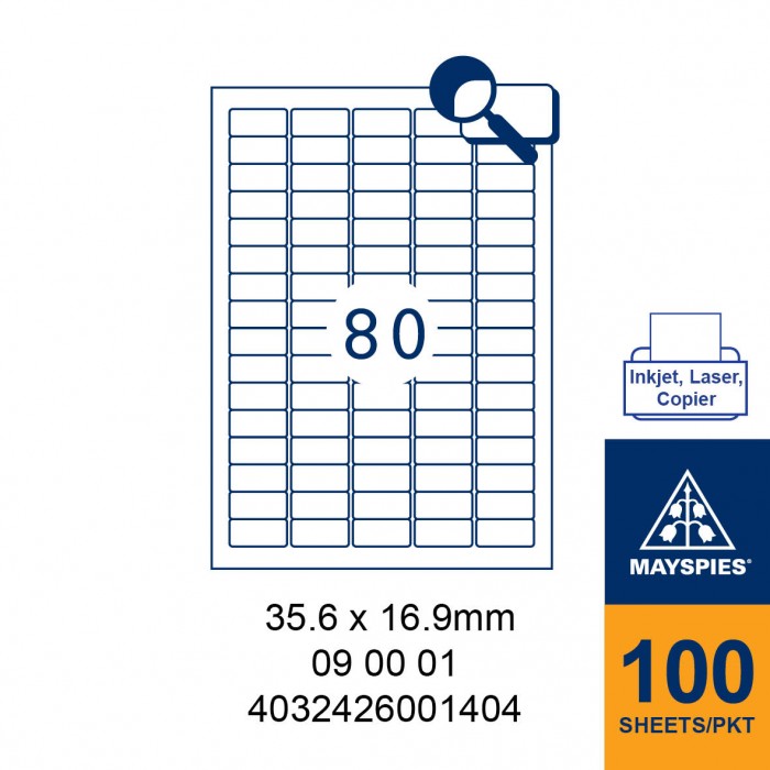 MAYSPIES 09 00 01 LABEL FOR INKJET / LASER / COPIER 100 SHEETS/PKT WHITE 35.6X16.9MM